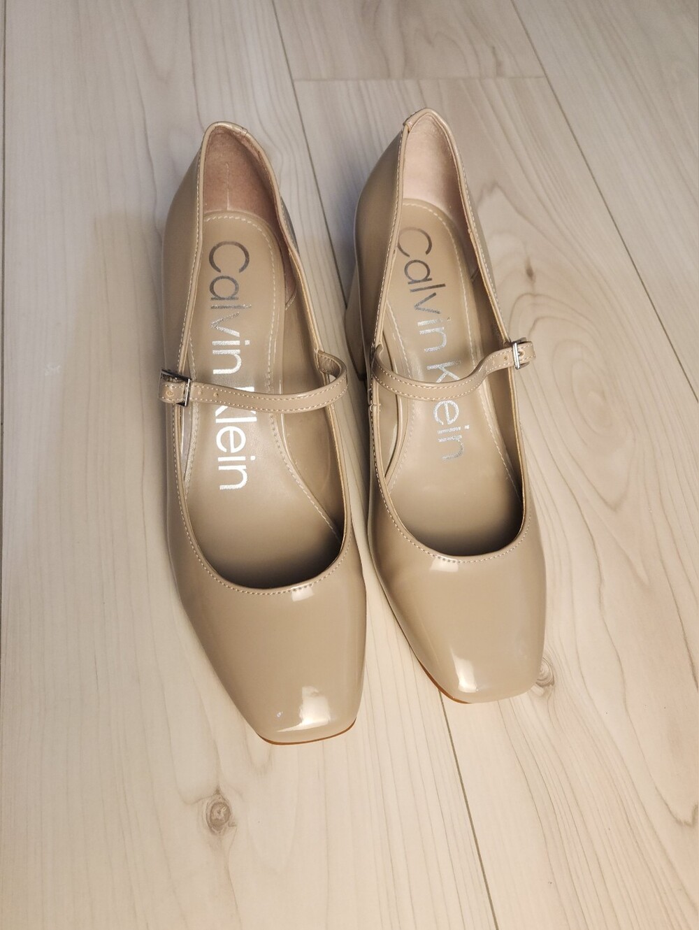 Calvin Klein Beige Patent Leather Square Toe Mary Jane Block Heels